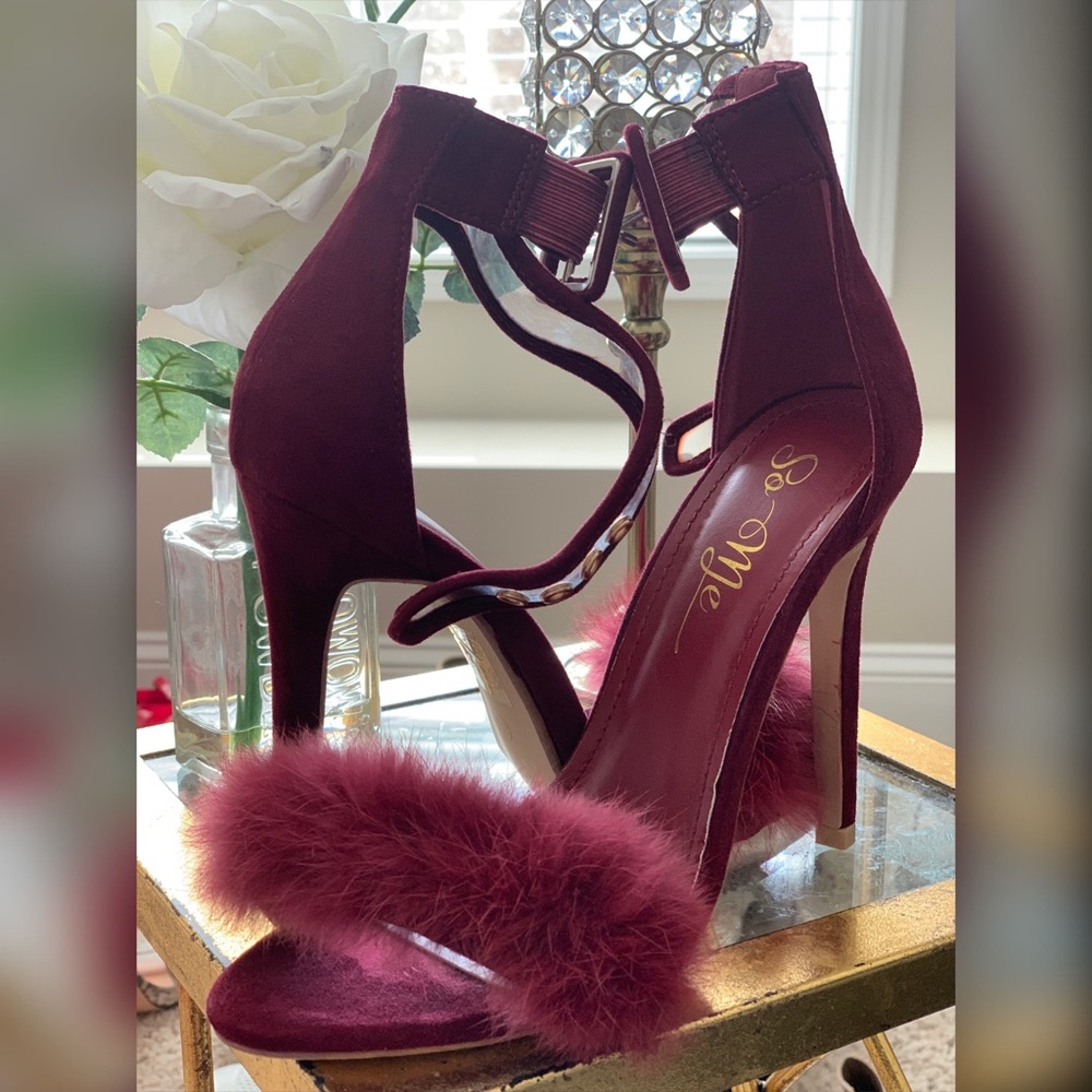 Burgundy Faux Fur Heels